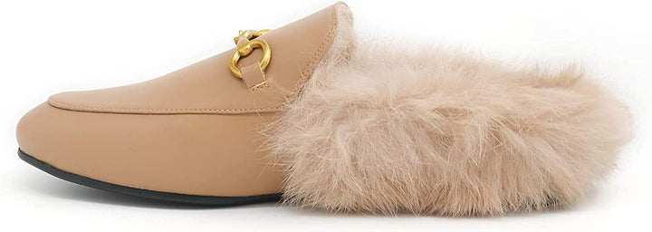 Fur Mules  Cow Leather with Matal Buckle Slip On Flats for Women Backless    Apricot Fur Size US 7