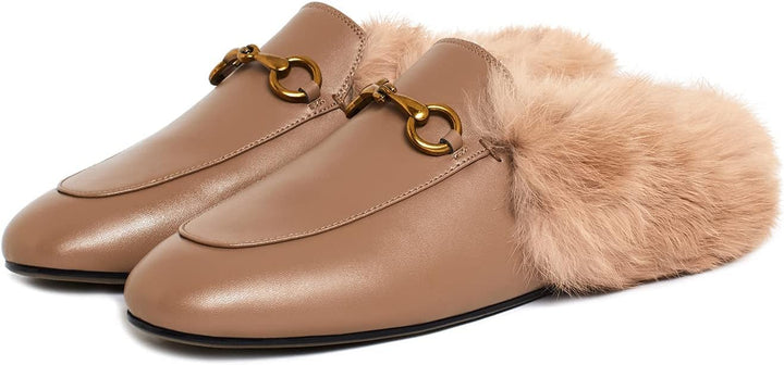 Fur Mules  Cow Leather with Matal Buckle Slip On Flats for Women Backless    Apricot Fur Size US 7