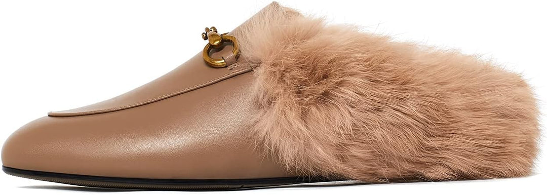 Fur Mules  Cow Leather with Matal Buckle Slip On Flats for Women Backless    Apricot Fur Size US 7