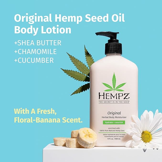 مرطب الجسم الأصلي من Hempz، زيت بذور القنب الطبيعي مع زبدة الشيا والجينسنغ، رائحة أصلية، زهر الموز، 17 أونصة سائلة 