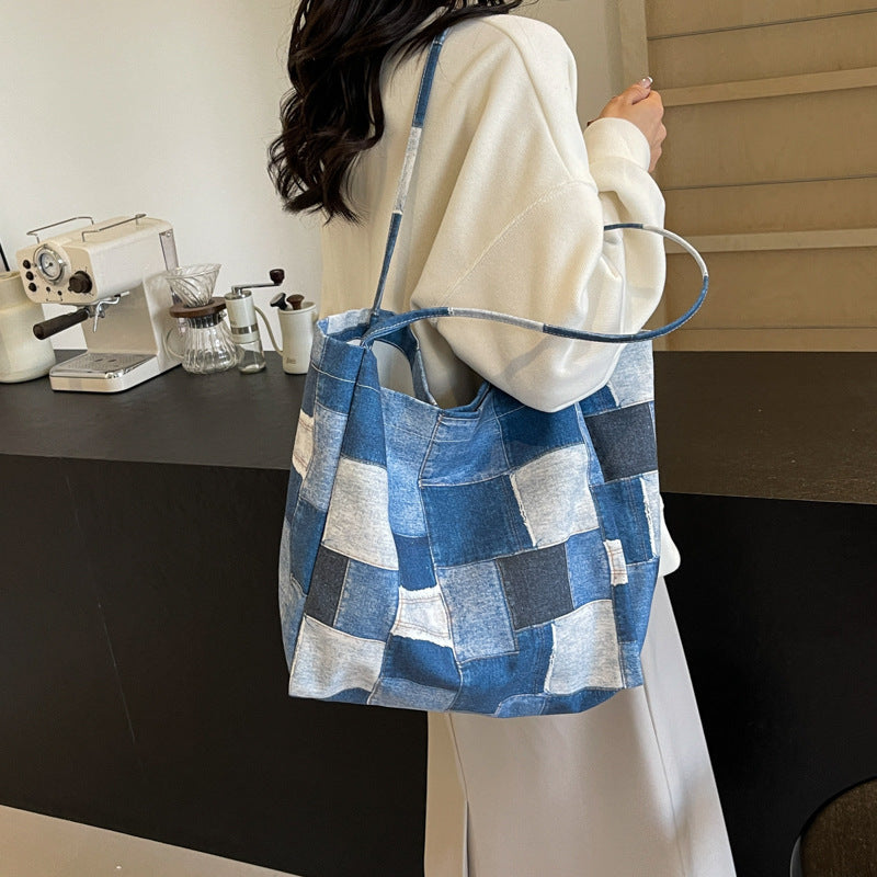 Women's Large Capacity Denim Color-contrast Check Idle Style Shoulder Commute Leisure Handbag Versatile Tote Bag